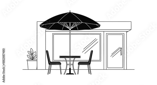 A simple line drawing depicts an outdoor cafe setting with a table chairs and umbrella creating a minimalist silhouette high quality