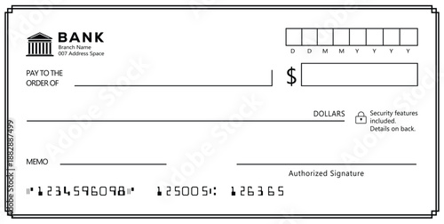 Bank check, vector blank money cheque, checkbook template with guilloche pattern and fields. Currency payment coupon, money check background