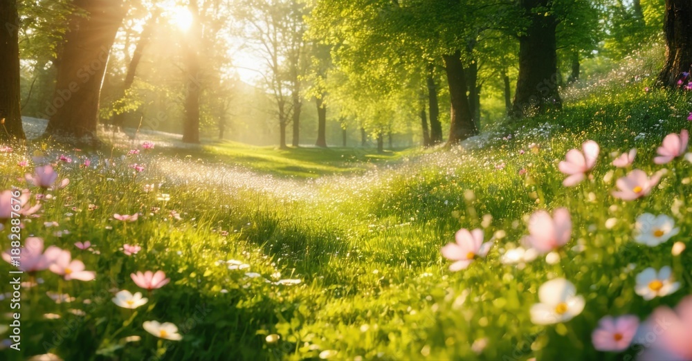 Obraz premium Lush meadow blooms under sunlight. Trees frame winding path. Peaceful scene evokes warmth, serenity, natural beauty.