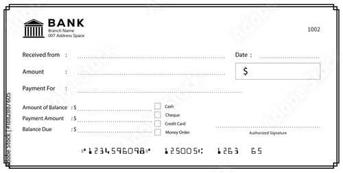 Bank check, vector blank money cheque, checkbook template with guilloche pattern and fields. Currency payment coupon, money check background