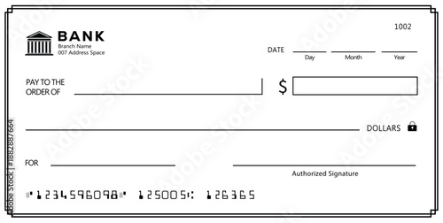 Bank check, vector blank money cheque, checkbook template with guilloche pattern and fields. Currency payment coupon, money check background