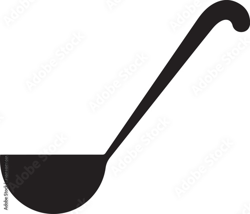 Simple black silhouette icon of a classic kitchen ladle for serving soup or sauce