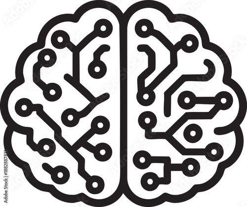 Minimalist brain icon with circuit board paths for artificial intelligence and digital technology.
