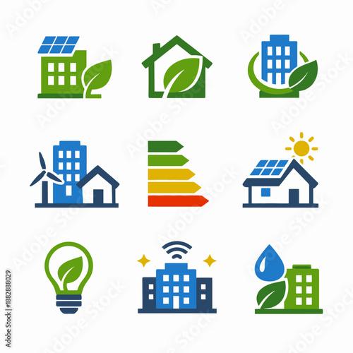 Eco-friendly icons: renewable energy, green buildings, sustainable living