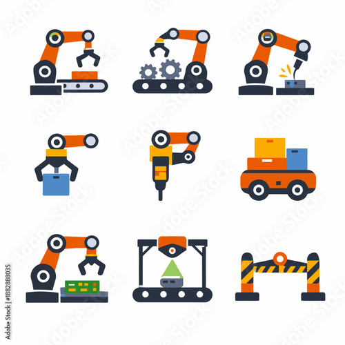 Industrial robotics icons: automation technology for manufacturing and logistics