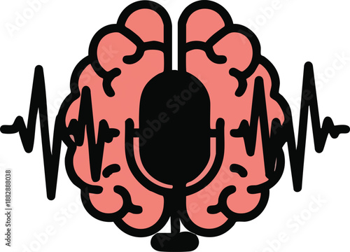 Brain icon combined with a microphone and sound waves for podcast and audio processing concepts.