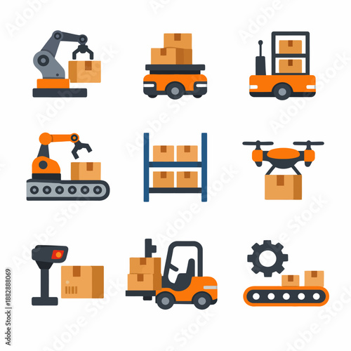 Industrial automation equipment with robots, drones, and forklifts in logistics