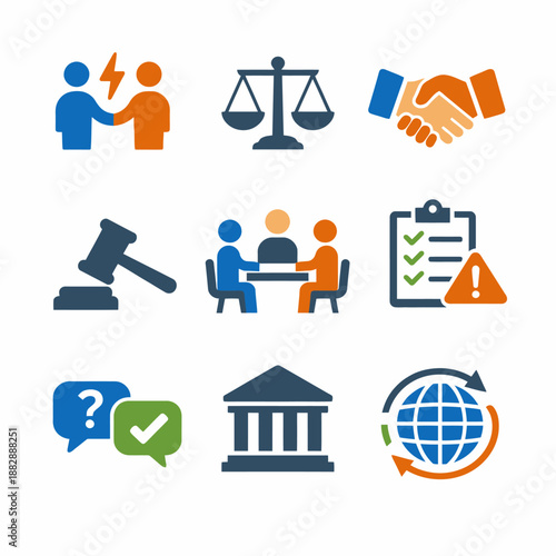 Legal process and collaboration icons including scales of justice and global communication