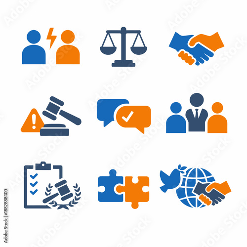 Icons of legal concepts: justice, dispute, agreement, communication, collaboration, resolution