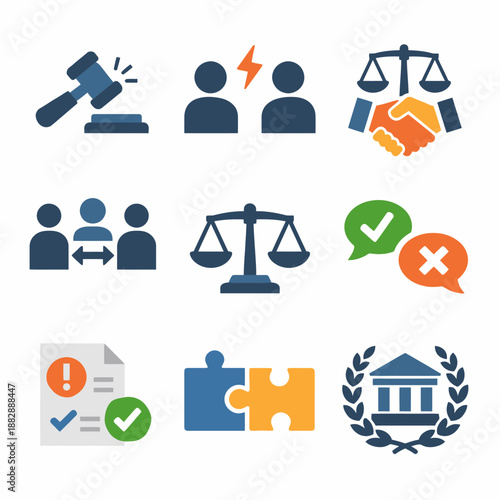 Justice and decision-making icons: balance, agreement, dispute, and legal symbols