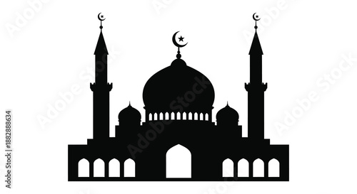 An elegant black islamic mosque design featuring two minarets and a crescent moon portrayed as a striking silhouette high quality professional