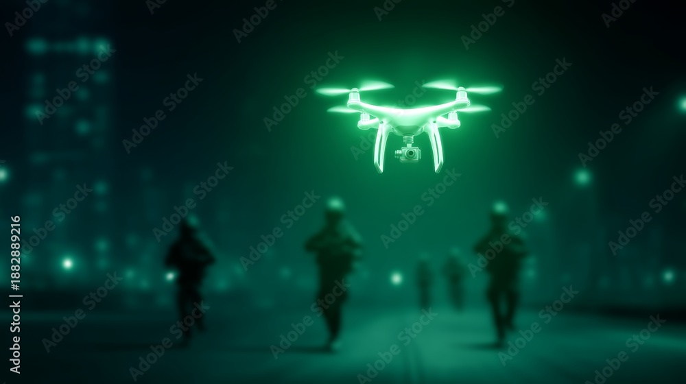 Fototapeta premium swat team, covert mission, Night Vision Drone in Action: Futuristic Perspective of Soldiers Under Surveillance in Urban Environment, High-Tech Exploration, and Technological Advancement
