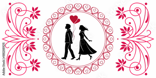 Romantic couple walking with heart balloons in decorative frame, vector