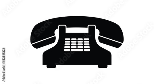A minimalist depiction shows a classic rotary telephone in stark black against a white backdrop presenting a bold silhouette high quality
