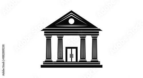 A striking depiction of a classical building facade with prominent columns and a central doorway presented in a bold silhouette
