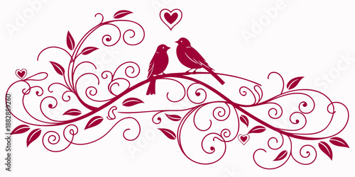 Vector illustration of two love birds on a decorative branch with hearts, vector