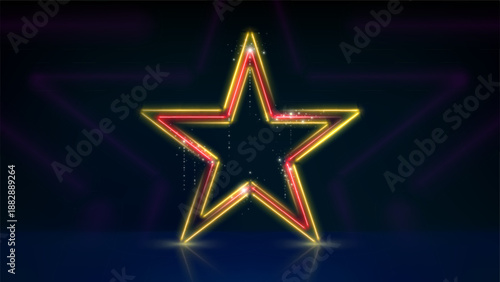 Golden red neon star, glowing led stars. Stage. Blue background for awards ceremony. Golden sparkling neon star. Stage light, backdrop for displaying products. Copy space paste. Vector illustration
