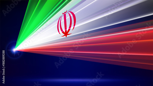 Laser flag of iran. Iranian abstract flag. Popular protests. Laser show on dark blue background. Multicolor template of banner, poster for national holiday of iran. Place for text. Copy space. Vector