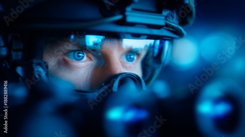 swat team, covert mission, Close-Up Night Vision Tactical Image Featuring Focused Individual with Advanced Technology, Emphasizing Intensity and Precision in Dark Environments