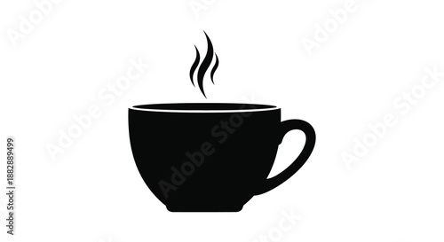 a simple black illustration depicts a steaming cup of coffee or tea a common beverage shown in a minimalist silhouette