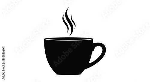 A simple depiction of a black coffee cup with rising steam captured in a stark and contrasting black silhouette high quality