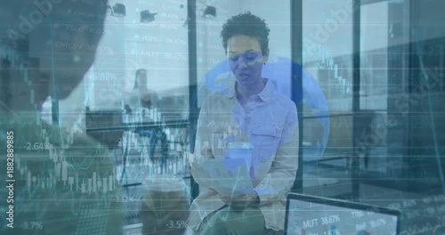 Animation of graphs, numbers and globe over diverse coworkers discussing reports while having coffee