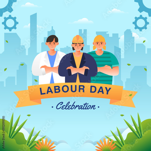 International Labour Day Celebration Poster with Diverse Workers and Cityscape