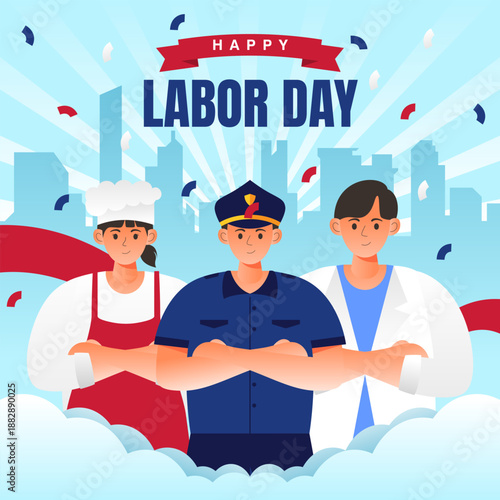 International Labour Day Celebration Poster with Diverse Workers and Cityscape
