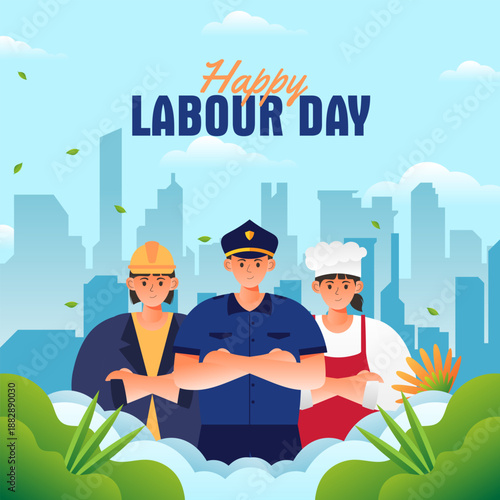 International Labour Day Celebration Poster with Diverse Workers and Cityscape