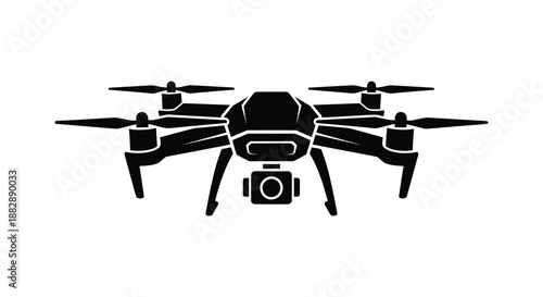 A stark black illustration depicts a modern quadcopter drone with visible propellers and camera showcasing a simple silhouette high quality professional