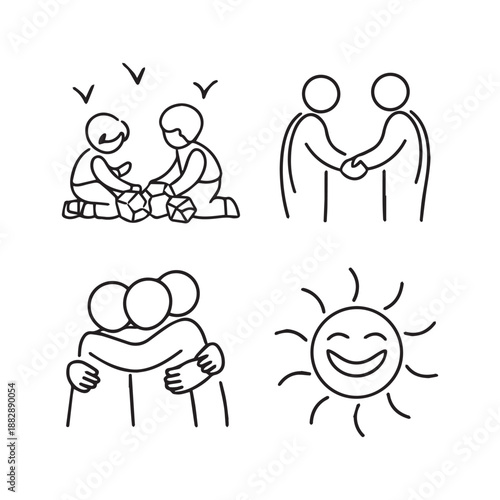 Human Connection Partnership Friendship Cooperation and Happiness Linear Illustration Vector Icon Design Set.