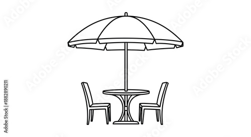 A simple line drawing depicts a patio scene with an open parasol table and two chairs presented as a silhouette