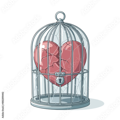 Illustration of a broken heart trapped in a locked birdcage with a white background, conveying a sense of heart brake and emotional confinement.