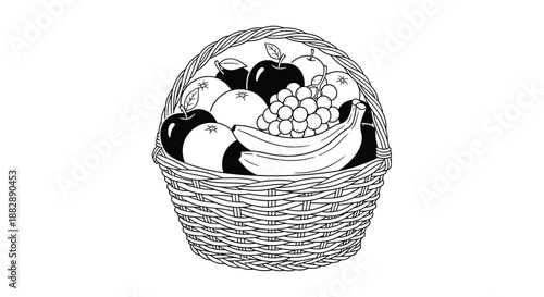 a detailed illustration showcasing a woven basket overflowing with a variety of fresh fruits rendered as a striking silhouette high quality