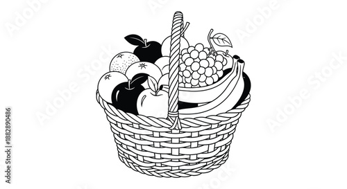 A detailed illustration showcases a woven basket overflowing with a variety of fresh fruits presenting a charming silhouette high quality professional