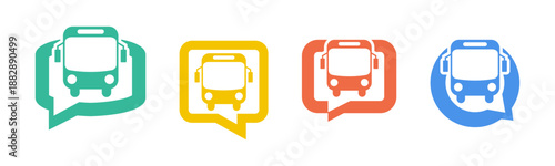 Transportation icon set illustration vector. Bus with bubble speak sign and symbol.