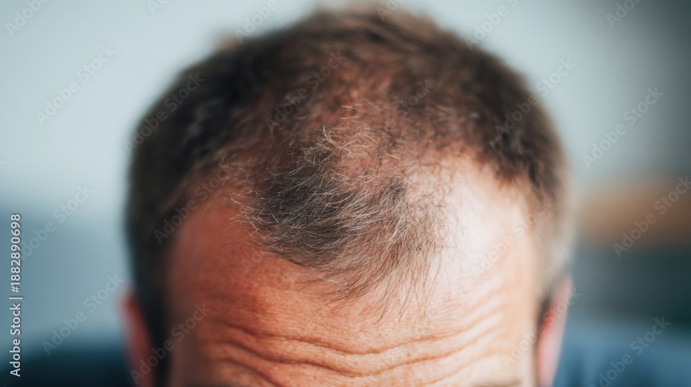 Obraz premium Man showing hair loss in indoor setting during daytime