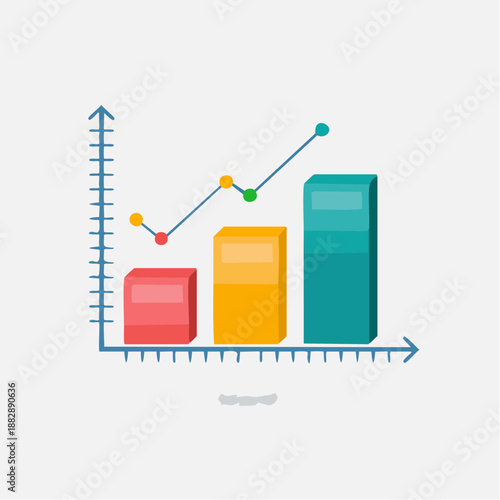 Colorful business graph. Vector illustration of bar chart. Line graph with three bars. Red, yellow, and green colors. Business statistics. Data analysis. Infographic element. White