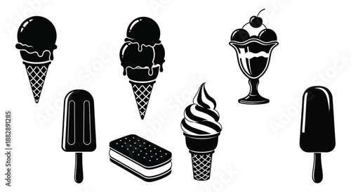 A delightful collection of frozen dessert illustrations showcases various ice cream shapes and popsicle forms in black silhouette high quality professional