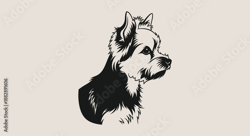 A striking black and white illustration depicts the head of a small terrier dog in profile showcasing a detailed silhouette
