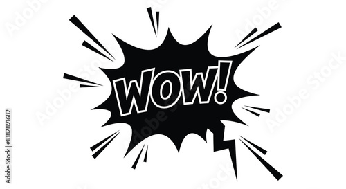 A striking black comic book explosion graphic displays the word wow in bold lettering creating a dynamic and impactful visual silhouette