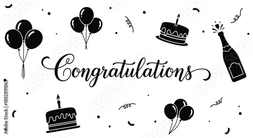 A celebratory design featuring balloons cake champagne and the word congratulations in elegant script presented as a striking silhouette high quality