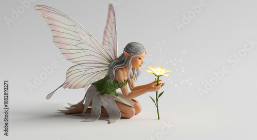 Ethereal fairy gently observes a luminous flower radiating magical golden light against a clean backdrop. AI Generated