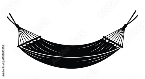 a black and white illustration depicts a simple hammock suspended between two points showcasing a relaxed and inviting scene silhouette