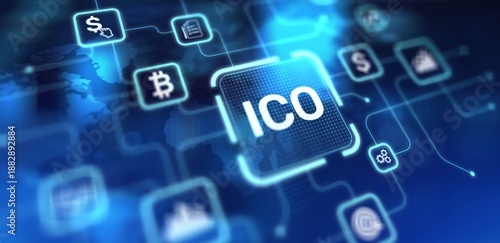 ICO Initial Coin Offering for Blockchain-Based Fundraising, projection on a virtual screen, Business and Technology Concept.