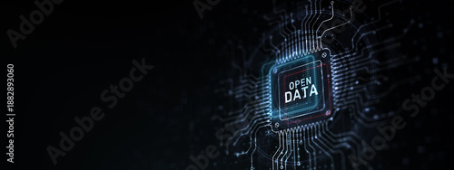 Open Data Promoting Transparency and Accessibility Illustrated on a Processor Touched by a Human Hand.