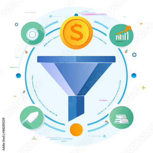 Vector illustration of sales funnel. Marketing and business concept. Blue funnel with icons. White background. Infographic elements. Financial and growth charts. Vector design.