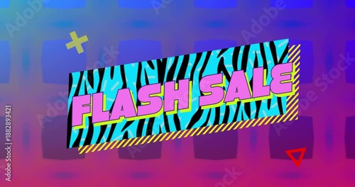 Animation of flash sale text on blue zebra pattern banner over blue and pink pattern