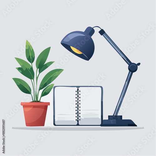 Desk lamp. Open notebook. Potted plant. Office workspace setup. Vector illustration. Simple home office. Desk lamp with yellow light. Green plant in pot. White background.