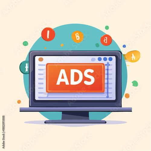 Computer monitor with ADS text on screen. Vector illustration of web advertising concept. Online marketing symbol. Digital media icon. Modern flat design. Blue circle background. Colorful